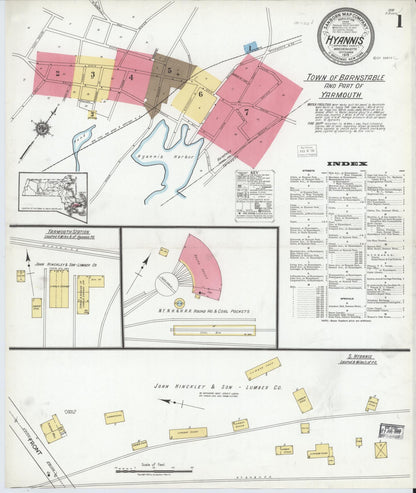 Sanborn Fire Insurance Map from Hyannis, Barnstable County, Massachusetts (1919), Sheet #0001 - Historic Sanborn Fire Insurance Map Print, vintage old map wall art, antique decor, genealogy gift, Massachusetts Massachusetts map