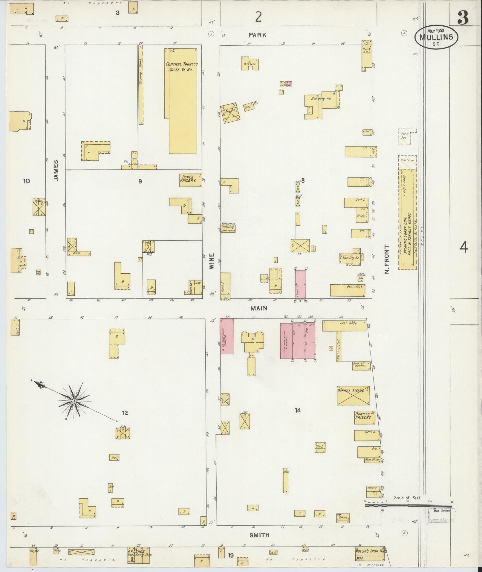 Sanborn Fire Insurance Map from Mullins, Marion County, South Carolina (1903), Sheet #0003 - Historic Sanborn Fire Insurance Map Print, vintage old map wall art, antique decor, genealogy gift, South Carolina South Carolina map