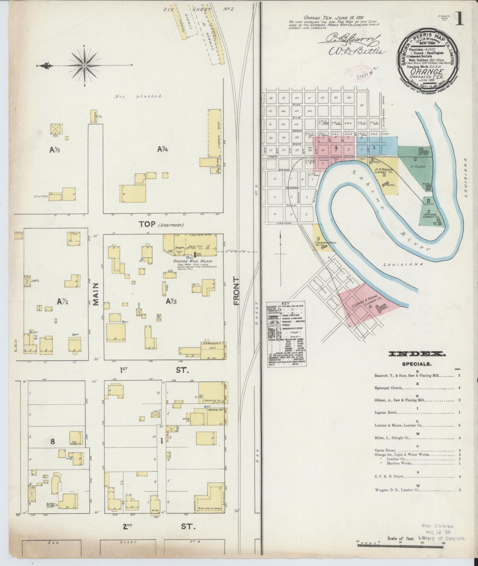 Sanborn Fire Insurance Map from Orange, Orange County, Texas (1891), Sheet #0001 - Historic Sanborn Fire Insurance Map Print, vintage old map wall art, antique decor, genealogy gift, Texas Texas map