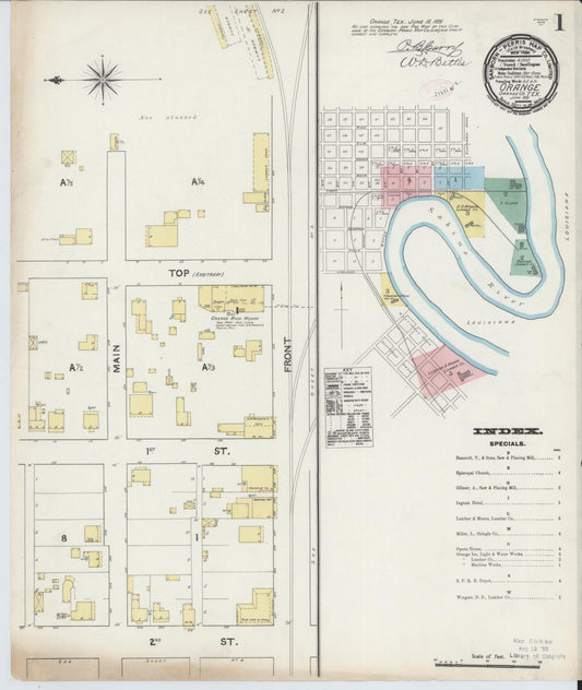 Sanborn Fire Insurance Map from Orange, Orange County, Texas (1891), Sheet #0001 - Historic Sanborn Fire Insurance Map Print, vintage old map wall art, antique decor, genealogy gift, Texas Texas map