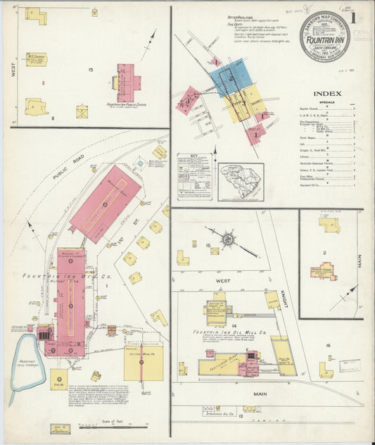 Sanborn Fire Insurance Map from Fountain Inn, Greenville And Laurens County, South Carolina (1913), Sheet #0001 - Complete Map Set gallery image, historic Sanborn map, vintage wall art, South Carolina South Carolina