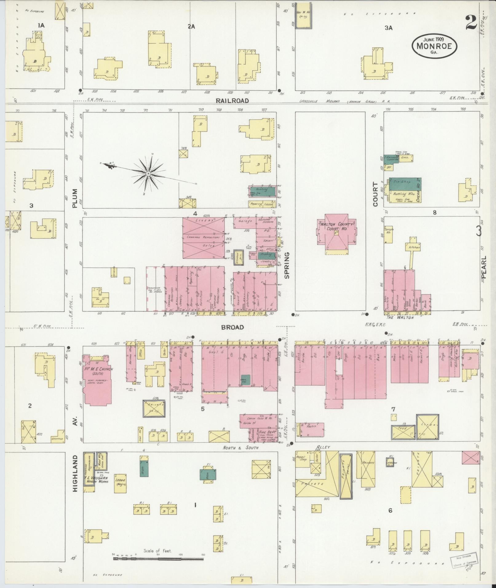 Sanborn Fire Insurance Map from Monroe, Walton County, Georgia (1909), Sheet #0002 - Historic Sanborn Fire Insurance Map Print, vintage old map wall art, antique decor, genealogy gift, Georgia Georgia map