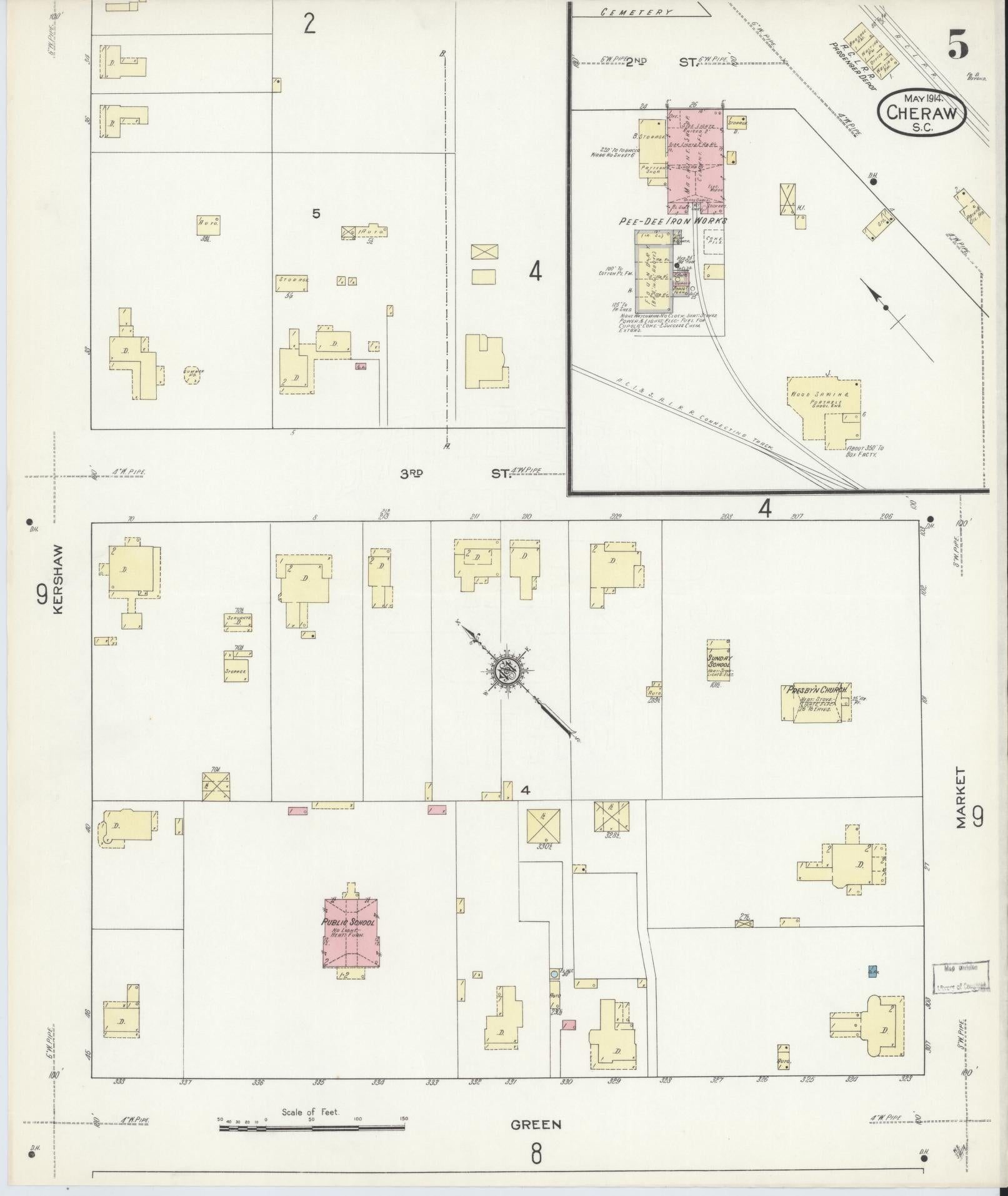 Sanborn Fire Insurance Map from Cheraw, Chesterfield County, South Carolina (1914), Sheet #0005 - Historic Sanborn Fire Insurance Map Print, vintage old map wall art, antique decor, genealogy gift, South Carolina South Carolina map