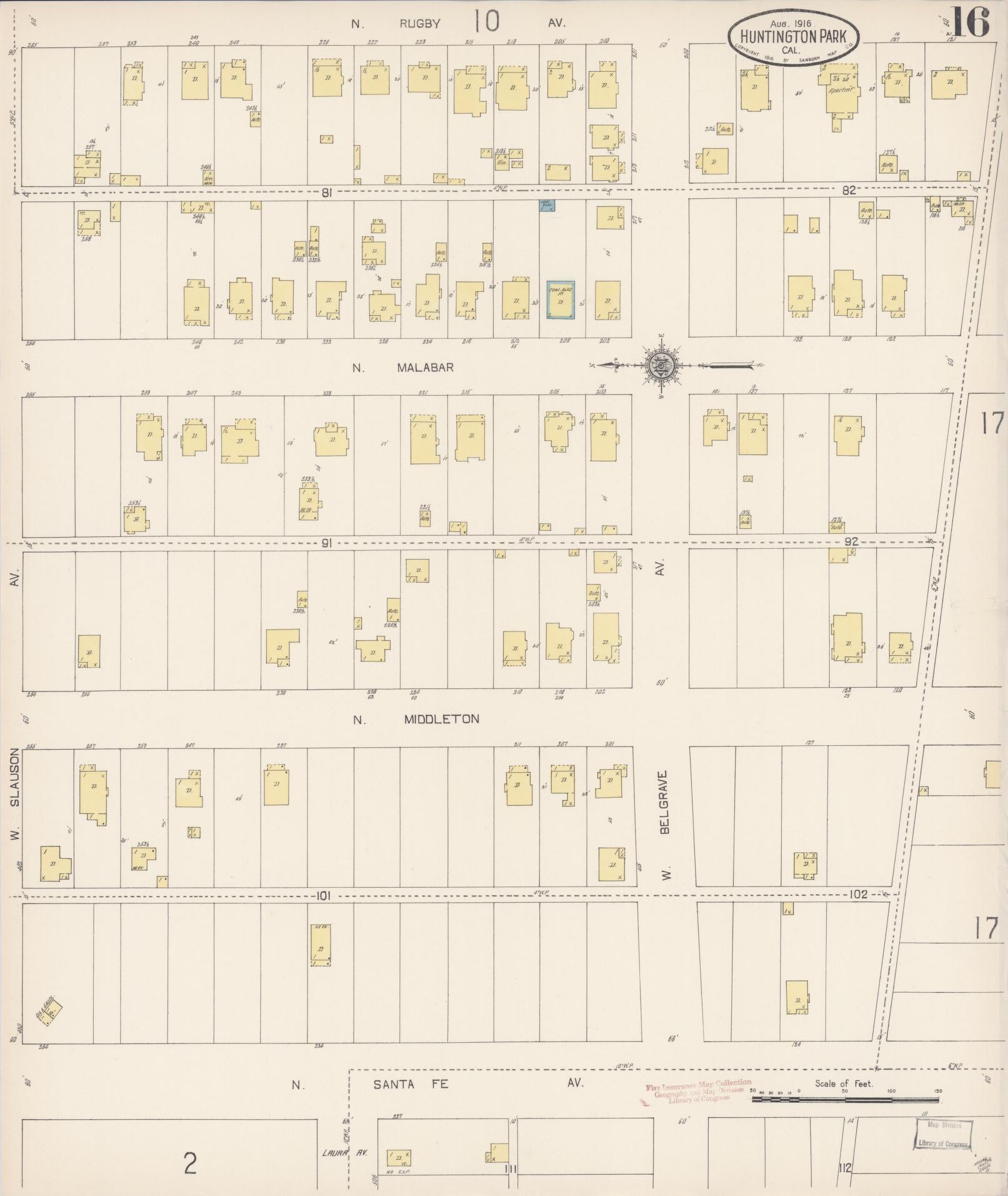 Sanborn Fire Insurance Map from Huntington Park, Los Angeles County, California (1916), Sheet #0016 - Historic Sanborn Fire Insurance Map Print, vintage old map wall art, antique decor, genealogy gift, California California map