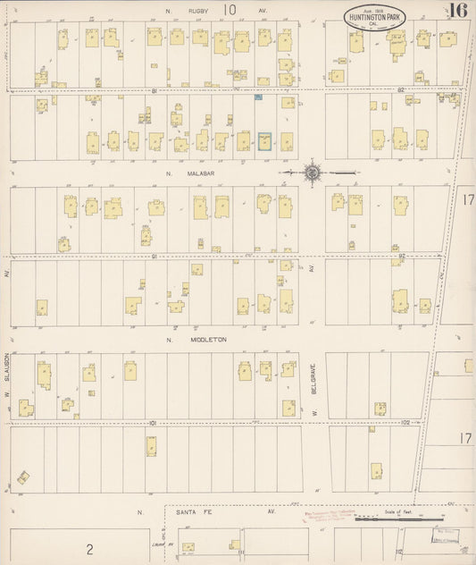 Sanborn Fire Insurance Map from Huntington Park, Los Angeles County, California (1916), Sheet #0016 - Historic Sanborn Fire Insurance Map Print, vintage old map wall art, antique decor, genealogy gift, California California map