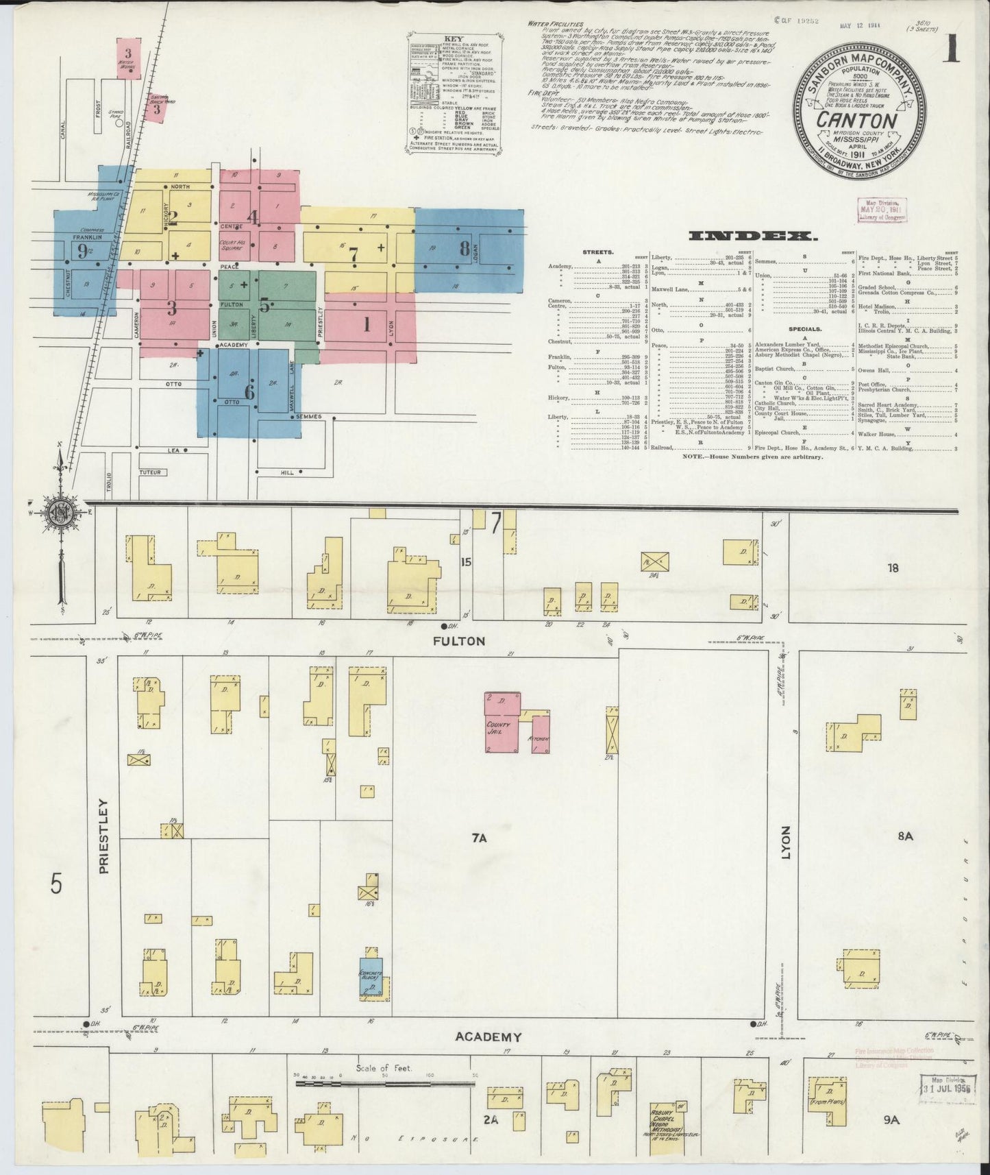 Sanborn Fire Insurance Map from Canton, Madison County, Mississippi (1911), Sheet #0001 - Complete Map Set gallery image, historic Sanborn map, vintage wall art, Mississippi Mississippi