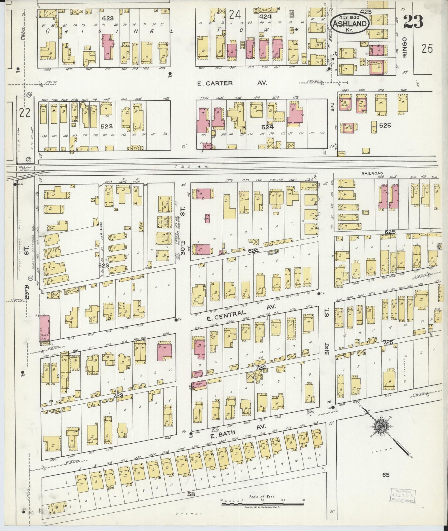 Sanborn Fire Insurance Map from Ashland, Boyd County, Kentucky (1920), Sheet #0023 - Historic Sanborn Fire Insurance Map Print, vintage old map wall art, antique decor, genealogy gift, Kentucky Kentucky map