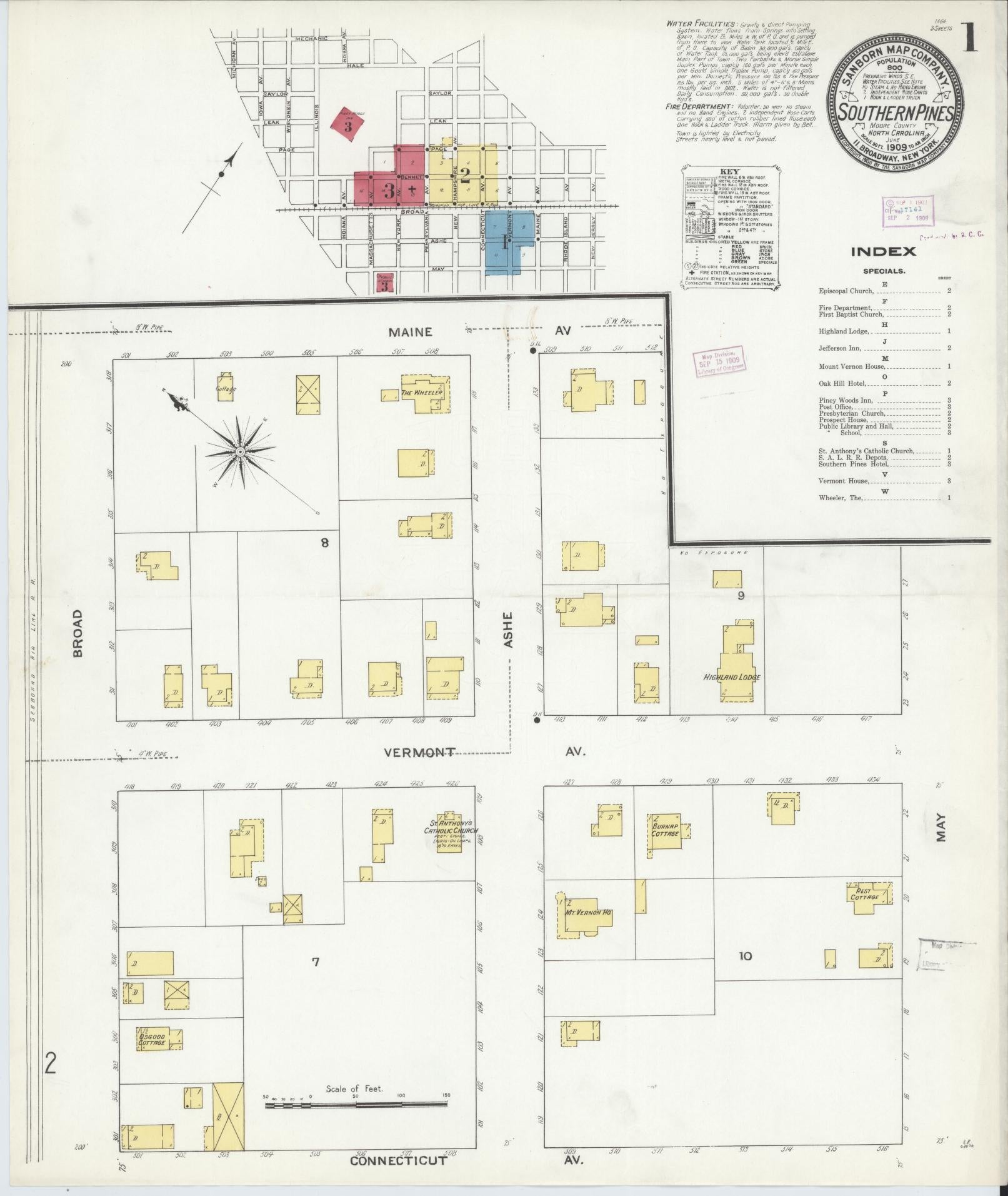 Sanborn Fire Insurance Map from Southern Pines, Moore County, North Carolina (1909), Sheet #0001 - Historic Sanborn Fire Insurance Map Print, vintage old map wall art, antique decor, genealogy gift, North Carolina North Carolina map