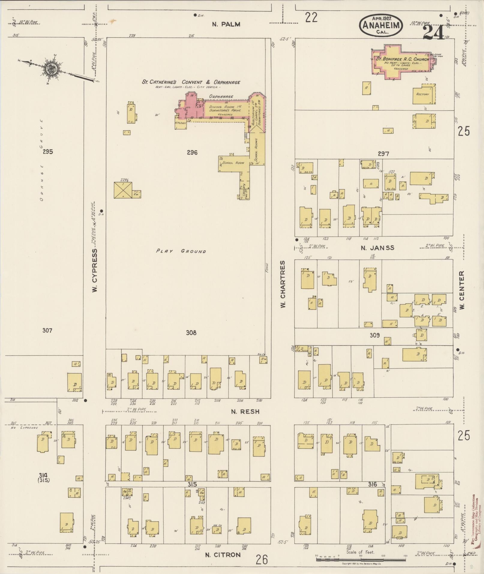 Sanborn Fire Insurance Map from Anaheim, Orange County, California (1922), Sheet #0024 - Historic Sanborn Fire Insurance Map Print, vintage old map wall art, antique decor, genealogy gift, California California map