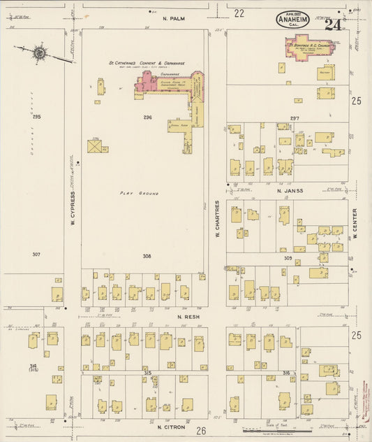 Sanborn Fire Insurance Map from Anaheim, Orange County, California (1922), Sheet #0024 - Historic Sanborn Fire Insurance Map Print, vintage old map wall art, antique decor, genealogy gift, California California map