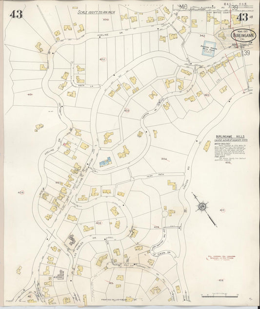 Sanborn Fire Insurance Map from Burlingame, San Mateo County, California (1949), Sheet #0043 - Historic Sanborn Fire Insurance Map Print, vintage old map wall art, antique decor, genealogy gift, California California map
