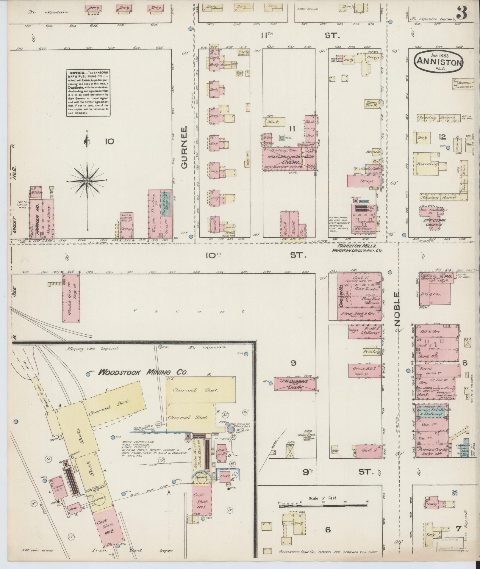 Sanborn Fire Insurance Map from Anniston, Calhoun County, Alabama (1885), Sheet #0003 - Complete Map Set gallery image, historic Sanborn map, vintage wall art, Alabama Alabama