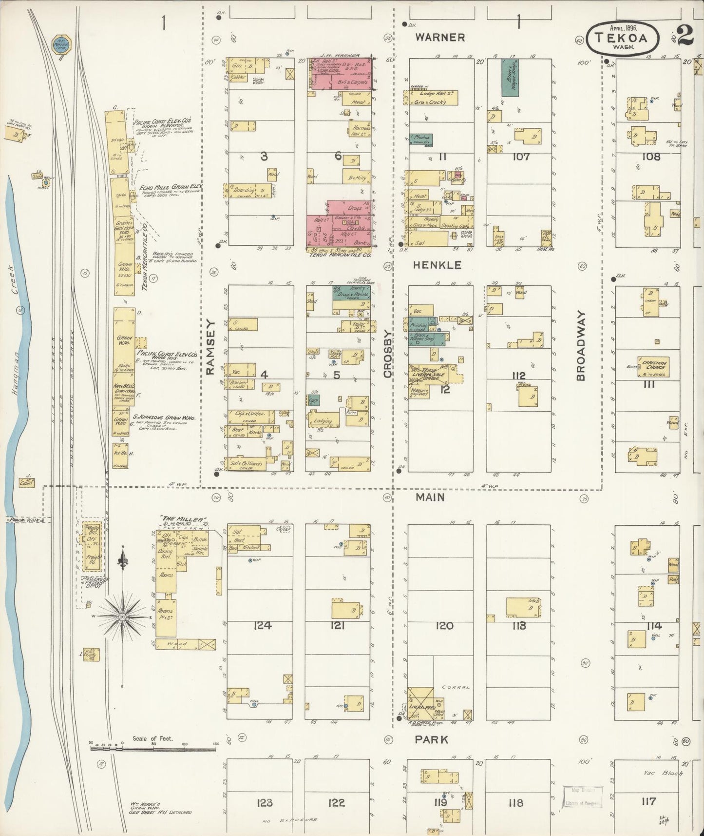 Sanborn Fire Insurance Map from Tekoa, Whitman County, Washington (1896), Sheet #0002 - Historic Sanborn Fire Insurance Map Print, vintage old map wall art, antique decor, genealogy gift, Washington Washington map