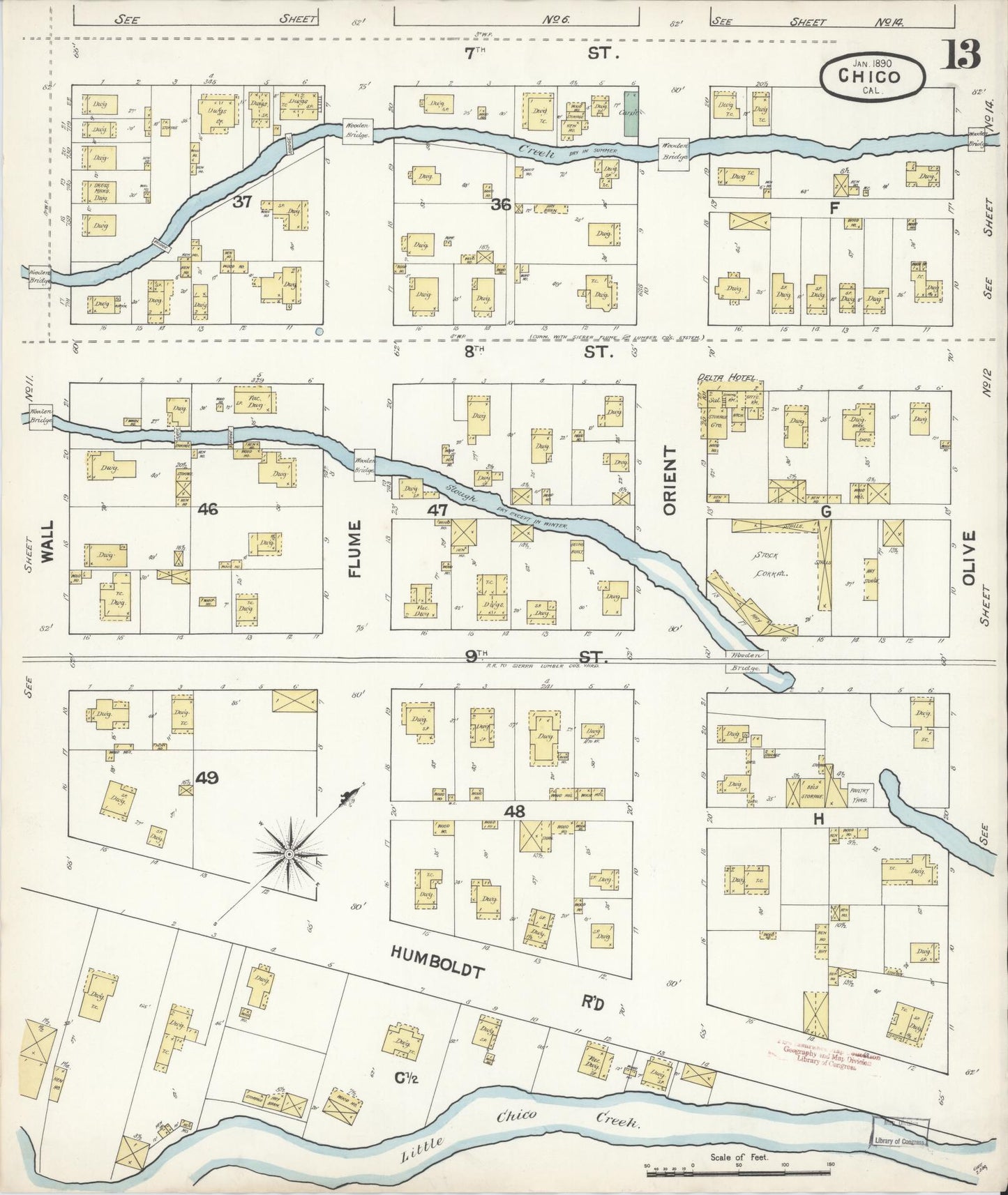 Sanborn Fire Insurance Map from Chico, Butte County, California (1890), Sheet #0013 - Complete Map Set gallery image, historic Sanborn map, vintage wall art, California California