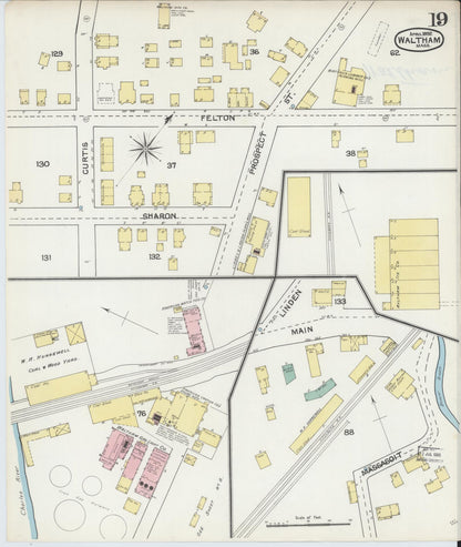 Sanborn Fire Insurance Map from Waltham, Middlesex County, Massachusetts (1892), Sheet #0019 - Historic Sanborn Fire Insurance Map Print, vintage old map wall art, antique decor, genealogy gift, Massachusetts Massachusetts map