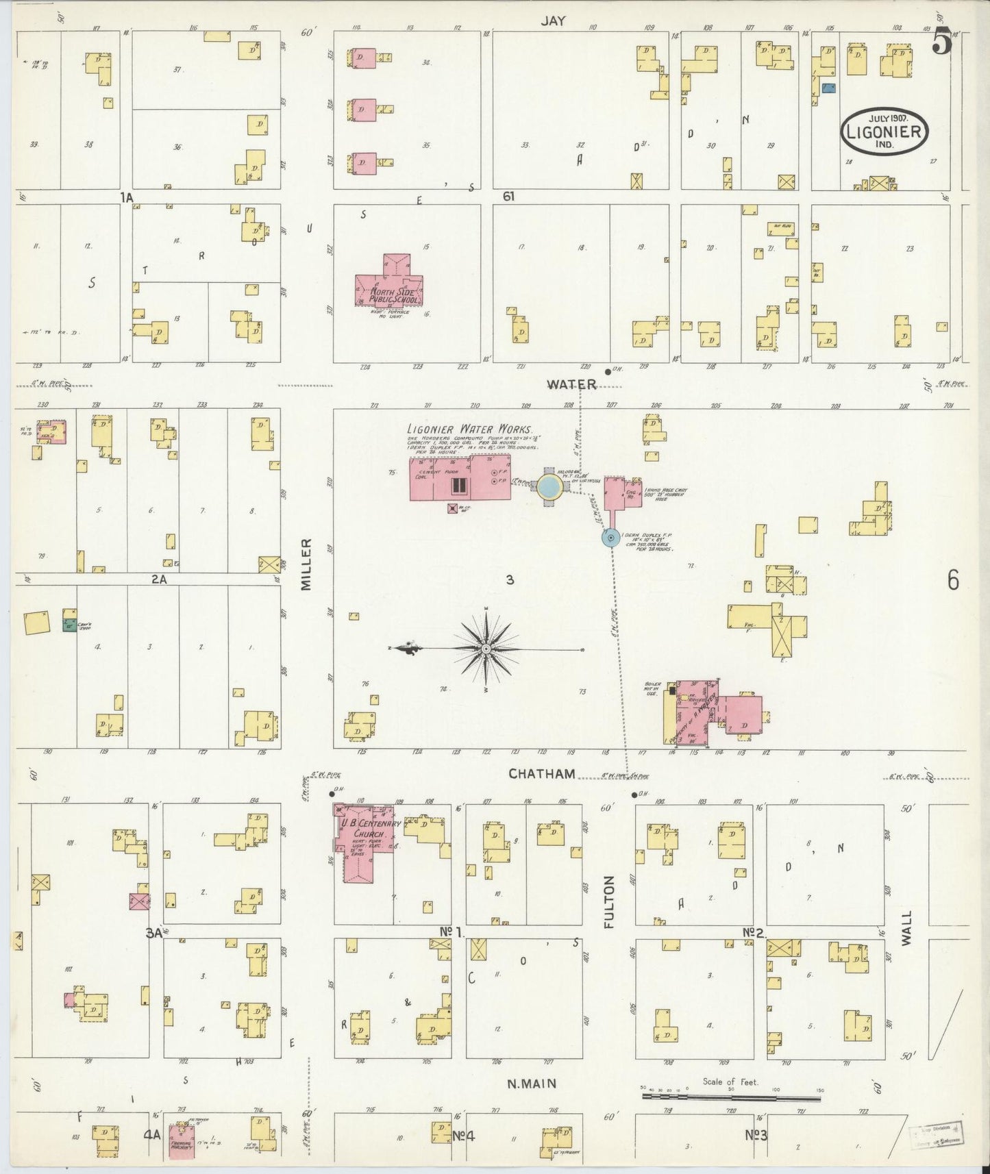 Sanborn Fire Insurance Map from Ligonier, Noble County, Indiana (1907), Sheet #0005 - Complete Map Set gallery image, historic Sanborn map, vintage wall art, Indiana Indiana