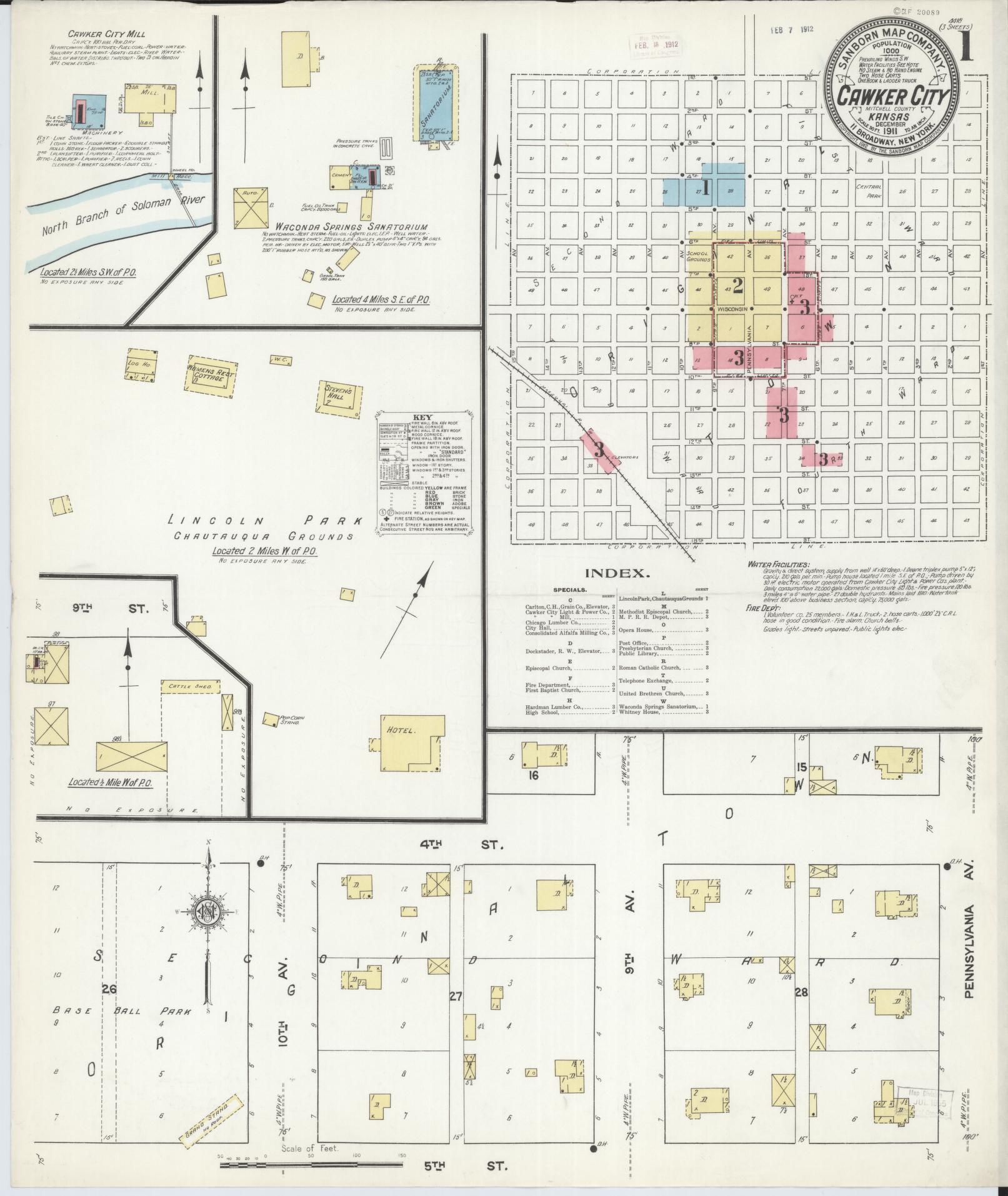 Sanborn Fire Insurance Map from Cawker City, Mitchell County, Kansas (1911), Sheet #0001 - Historic Sanborn Fire Insurance Map Print, vintage old map wall art, antique decor, genealogy gift, Kansas Kansas map