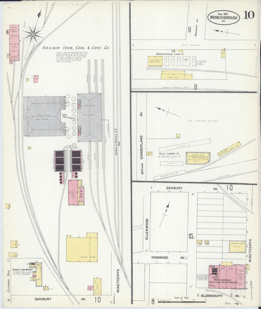 Sanborn Fire Insurance Map from Middlesboro, Bell County, Kentucky (1907), Sheet #0010 - Historic Sanborn Fire Insurance Map Print, vintage old map wall art, antique decor, genealogy gift, Kentucky Kentucky map