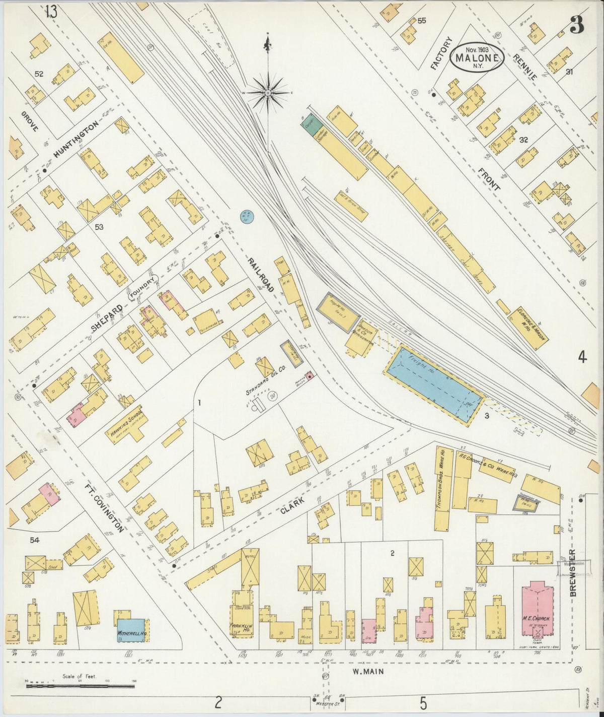 Sanborn Fire Insurance Map from Malone, Franklin County, New York (1903), Sheet #0003 - Historic Sanborn Fire Insurance Map Print, vintage old map wall art, antique decor, genealogy gift, New York New York map