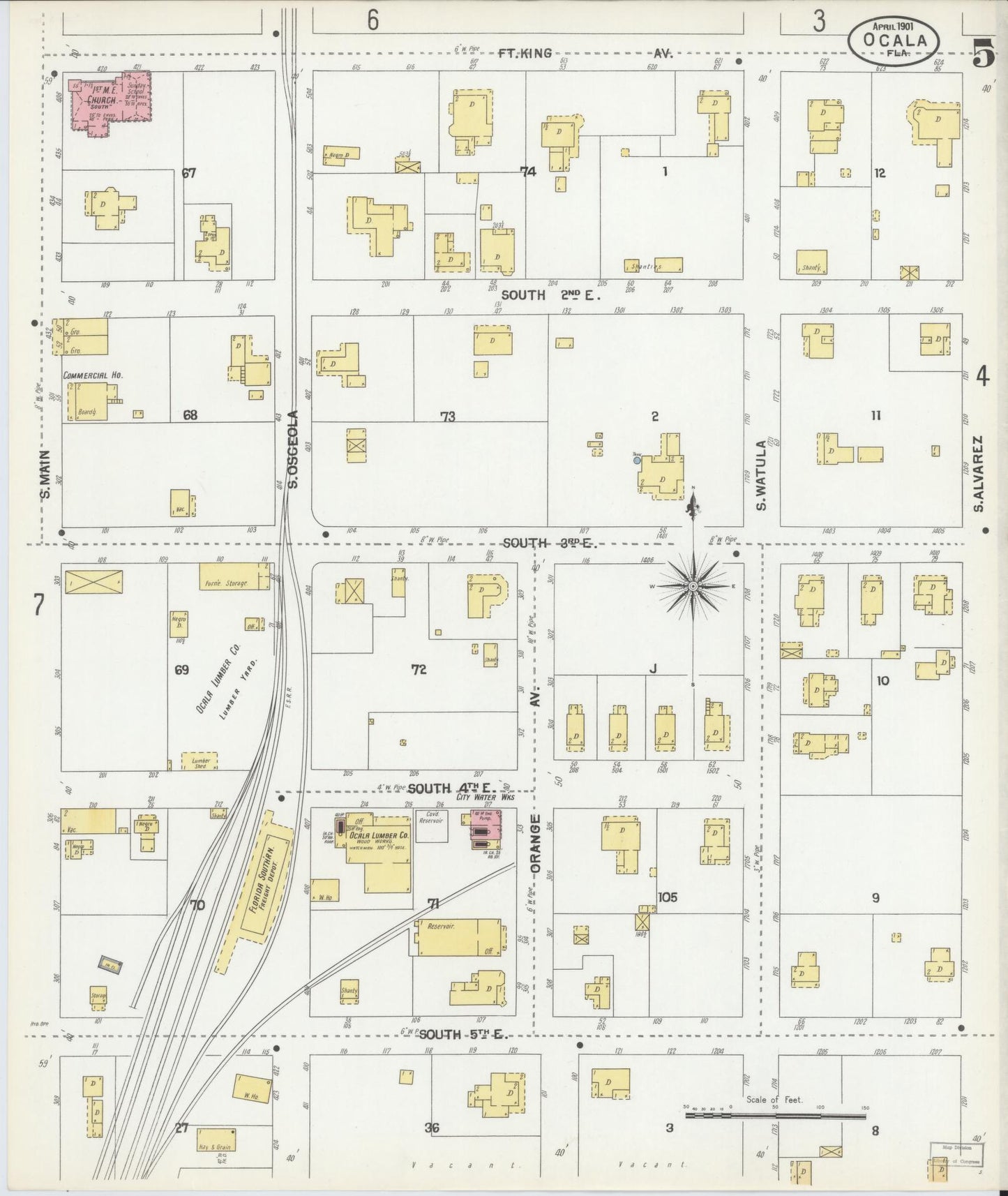 Sanborn Fire Insurance Map from Ocala, Marion County, Florida (1901), Sheet #0005 - Historic Sanborn Fire Insurance Map Print, vintage old map wall art, antique decor, genealogy gift, Florida Florida map