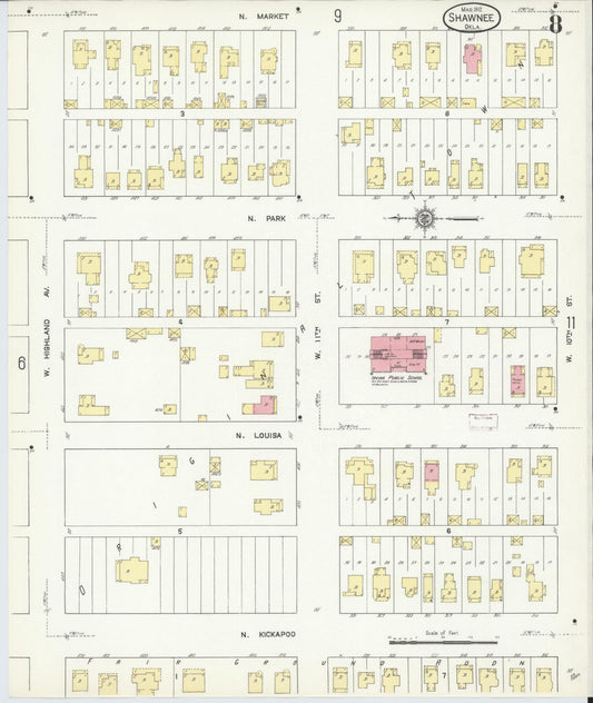 Sanborn Fire Insurance Map from Shawnee, Pottawatomie County, Oklahoma (1912), Sheet #0008 - Historic Sanborn Fire Insurance Map Print, vintage old map wall art, antique decor, genealogy gift, Oklahoma Oklahoma map
