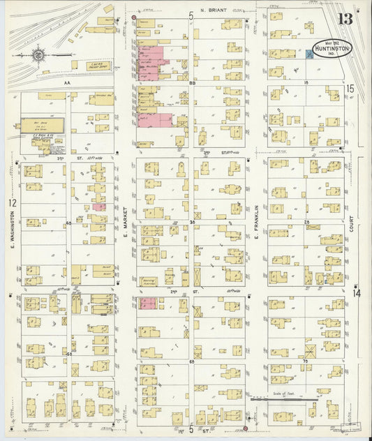 Sanborn Fire Insurance Map from Huntington, Huntington County, Indiana (1912), Sheet #0013 - Historic Sanborn Fire Insurance Map Print, vintage old map wall art, antique decor, genealogy gift, Indiana Indiana map