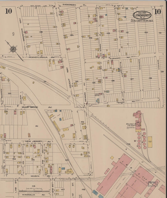 Sanborn Fire Insurance Map from Lyndhurst, Bergen County, New Jersey (1922), Sheet #0010 - Historic Sanborn Fire Insurance Map Print, vintage old map wall art, antique decor, genealogy gift, New Jersey New Jersey map