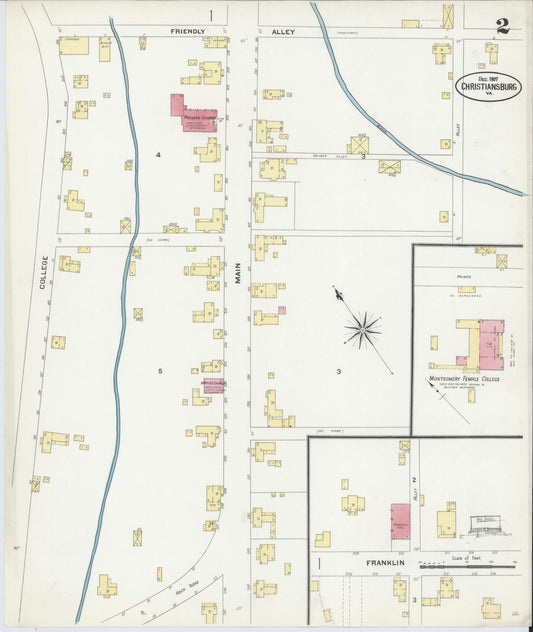 Sanborn Fire Insurance Map from Christiansburg, Montgomery County, Virginia (1907), Sheet #0002 - Historic Sanborn Fire Insurance Map Print, vintage old map wall art, antique decor, genealogy gift, Virginia Virginia map