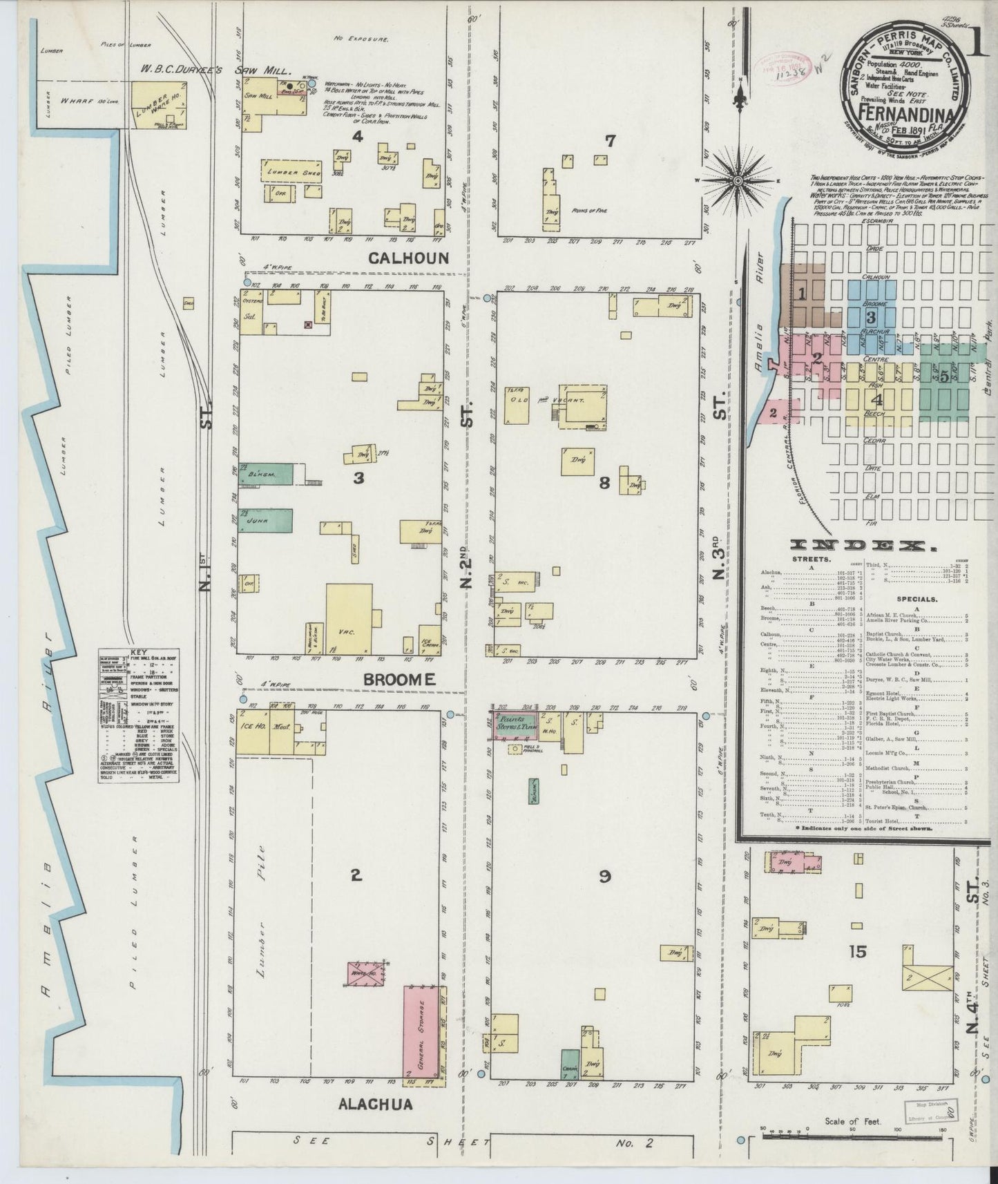 Sanborn Fire Insurance Map from Fernandina, Nassau County, Florida (1891), Sheet #0001 - Historic Sanborn Fire Insurance Map Print, vintage old map wall art, antique decor, genealogy gift, Florida Florida map