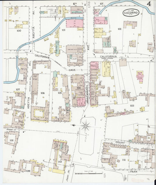 Sanborn Fire Insurance Map from Socorro, Socorro County, New Mexico (1893), Sheet #0004 - Historic Sanborn Fire Insurance Map Print, vintage old map wall art, antique decor, genealogy gift, New Mexico New Mexico map
