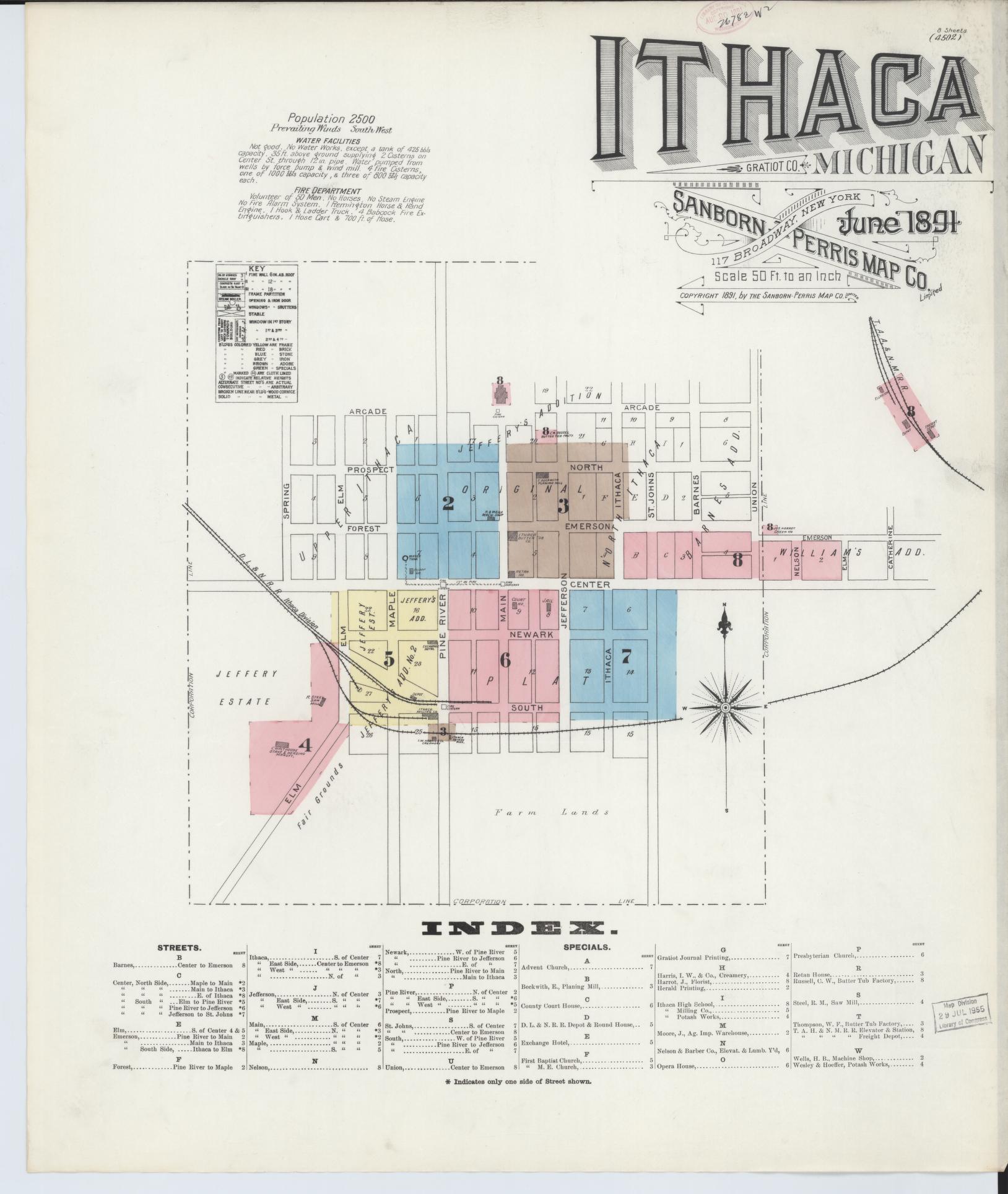 Sanborn Fire Insurance Map from Ithaca, Gratiot County, Michigan (1891), Sheet #0001 - Complete Map Set gallery image, historic Sanborn map, vintage wall art, Michigan Michigan