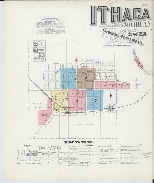 Sanborn Fire Insurance Map from Ithaca, Gratiot County, Michigan (1891), Sheet #0001 - Complete Map Set gallery image, historic Sanborn map, vintage wall art, Michigan Michigan