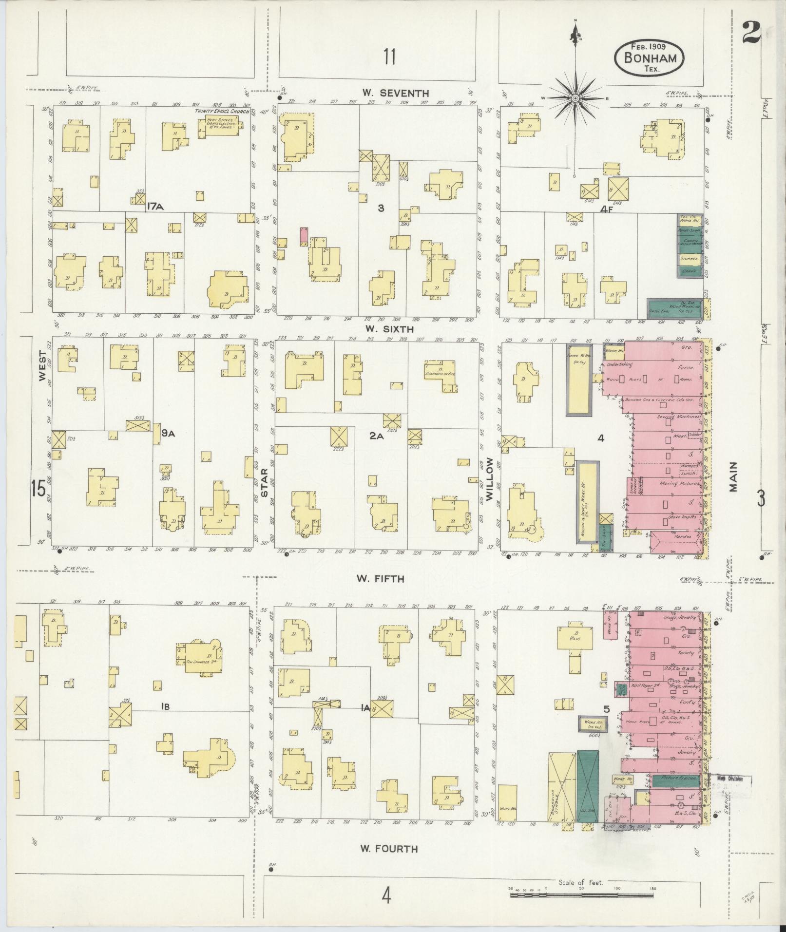 Sanborn Fire Insurance Map from Bonham, Fannin County, Texas (1909), Sheet #0002 - Historic Sanborn Fire Insurance Map Print, vintage old map wall art, antique decor, genealogy gift, Texas Texas map