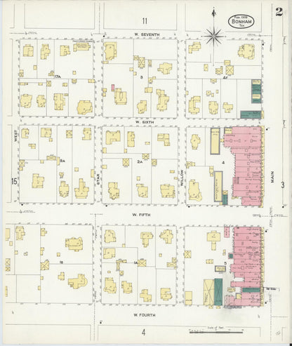 Sanborn Fire Insurance Map from Bonham, Fannin County, Texas (1909), Sheet #0002 - Historic Sanborn Fire Insurance Map Print, vintage old map wall art, antique decor, genealogy gift, Texas Texas map