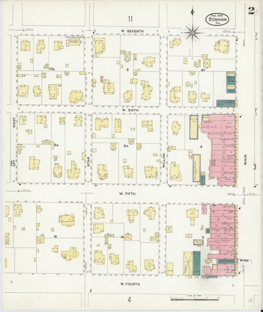 Sanborn Fire Insurance Map from Bonham, Fannin County, Texas (1909), Sheet #0002 - Historic Sanborn Fire Insurance Map Print, vintage old map wall art, antique decor, genealogy gift, Texas Texas map