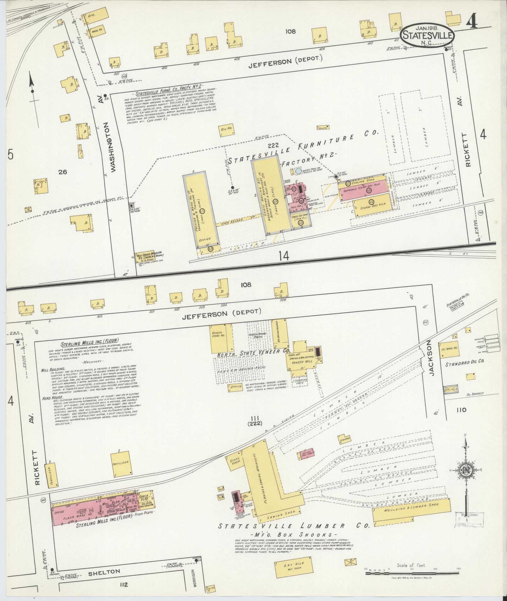 Sanborn Fire Insurance Map from Statesville, Iredell County, North Carolina (1918), Sheet #0004 - Historic Sanborn Fire Insurance Map Print, vintage old map wall art, antique decor, genealogy gift, North Carolina North Carolina map