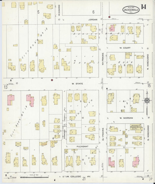 Sanborn Fire Insurance Map from Jacksonville, Morgan County, Illinois (1914), Sheet #0014 - Historic Sanborn Fire Insurance Map Print, vintage old map wall art, antique decor, genealogy gift, Illinois Illinois map