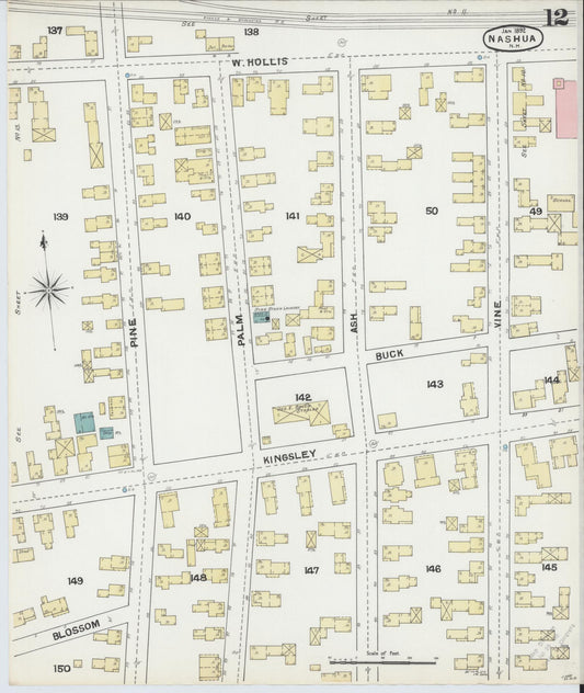 Sanborn Fire Insurance Map from Nashua, Hillsborough County, New Hampshire (1892), Sheet #0012 - Historic Sanborn Fire Insurance Map Print, vintage old map wall art, antique decor, genealogy gift, New Hampshire New Hampshire map