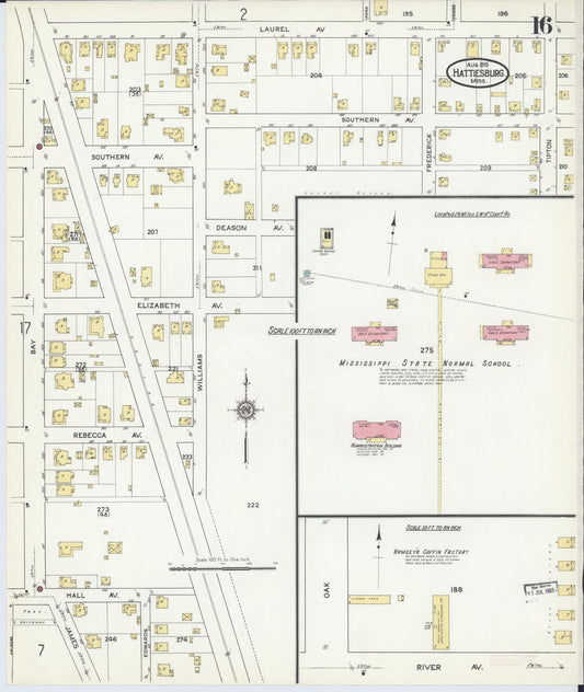 Sanborn Fire Insurance Map from Hattiesburg, Forrest County, Mississippi (1915), Sheet #0016 - Historic Sanborn Fire Insurance Map Print, vintage old map wall art, antique decor, genealogy gift, Mississippi Mississippi map