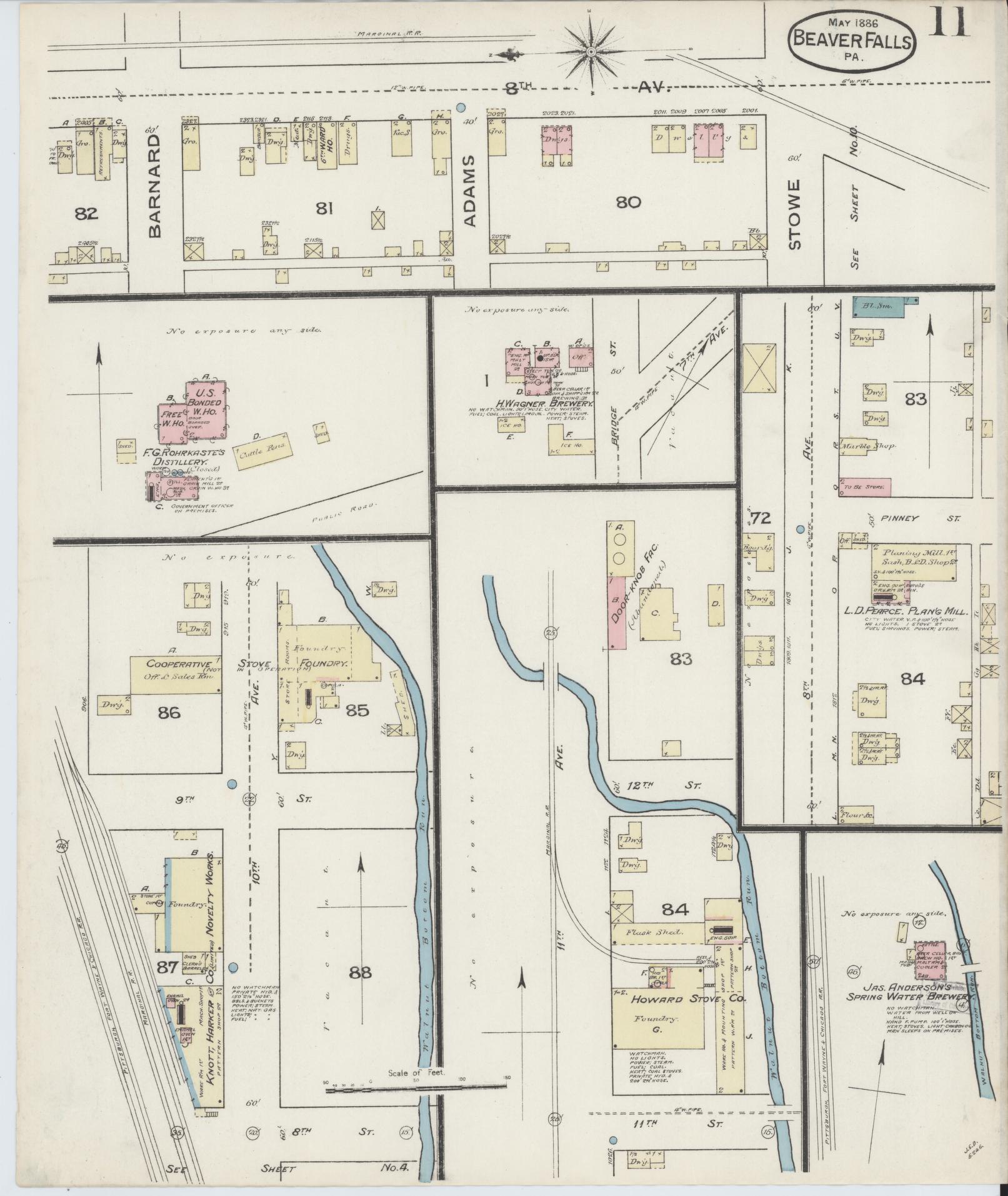 Sanborn Fire Insurance Map from Beaver Falls, Beaver County, Pennsylvania (1886), Sheet #0011 - Historic Sanborn Fire Insurance Map Print, vintage old map wall art, antique decor, genealogy gift, Pennsylvania Pennsylvania map