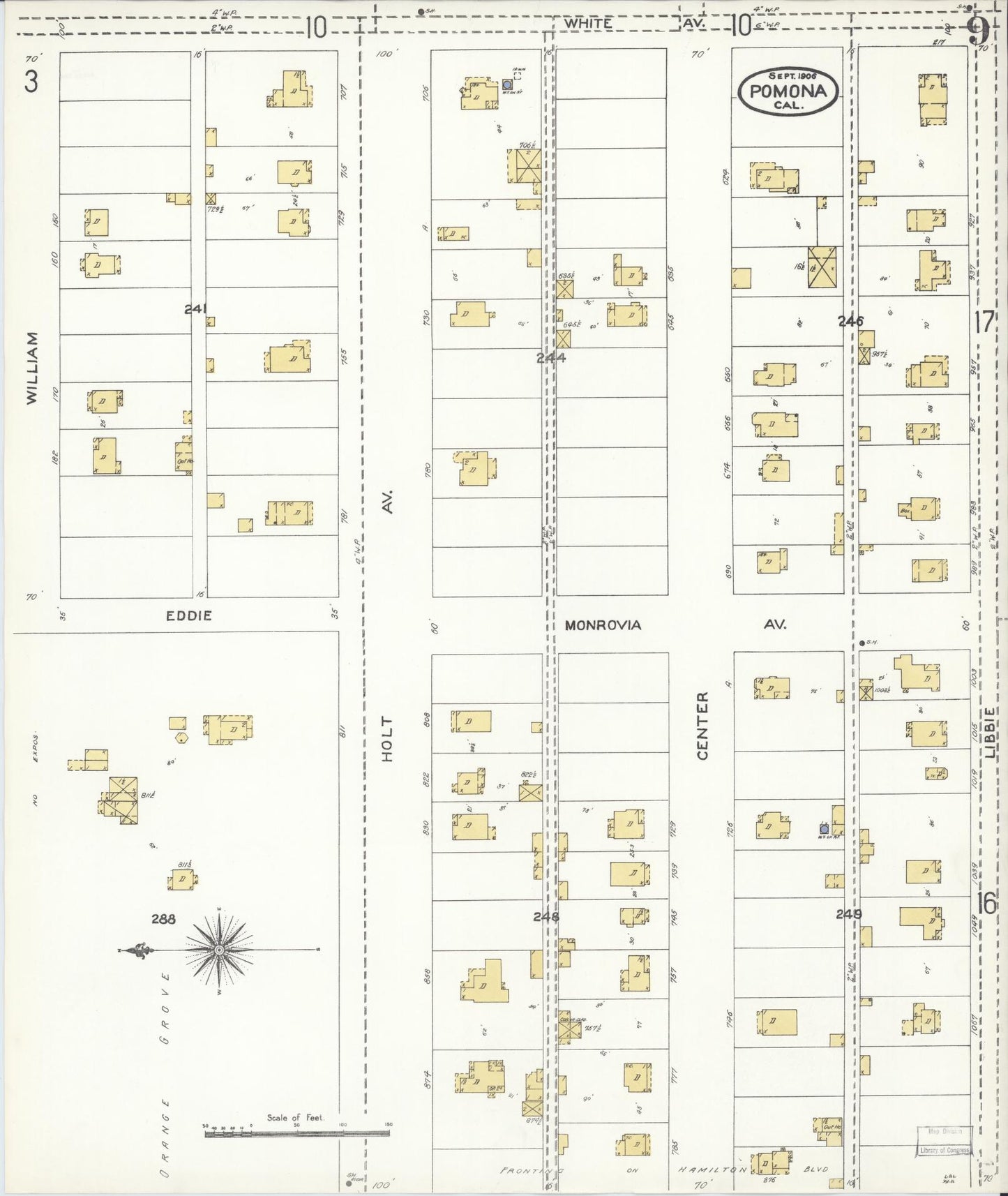 Sanborn Fire Insurance Map from Pomona, Los Angeles County, California (1906), Sheet #0009 - Complete Map Set gallery image, historic Sanborn map, vintage wall art, California California