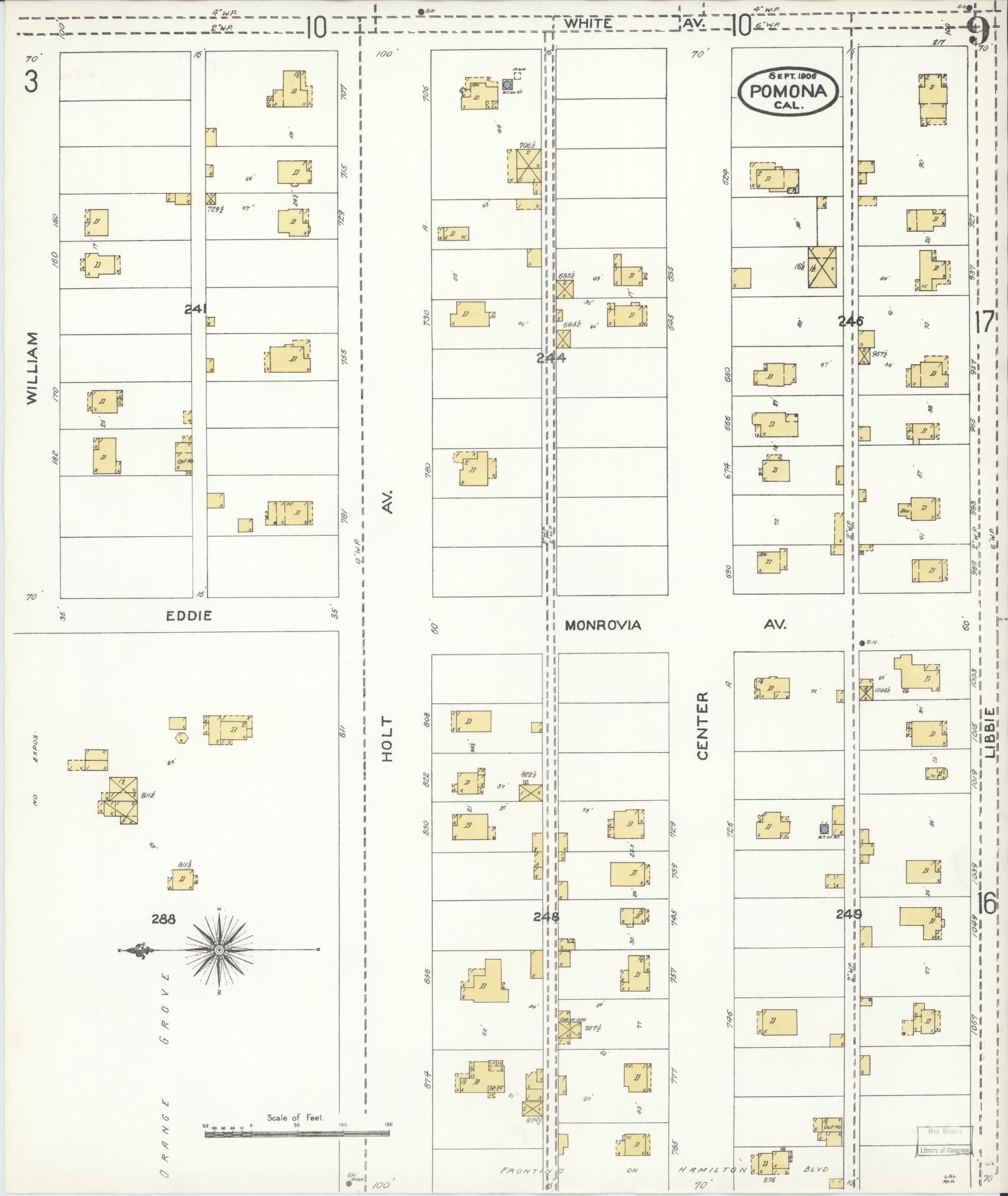 Sanborn Fire Insurance Map from Pomona, Los Angeles County, California (1906), Sheet #0009 - Complete Map Set gallery image, historic Sanborn map, vintage wall art, California California