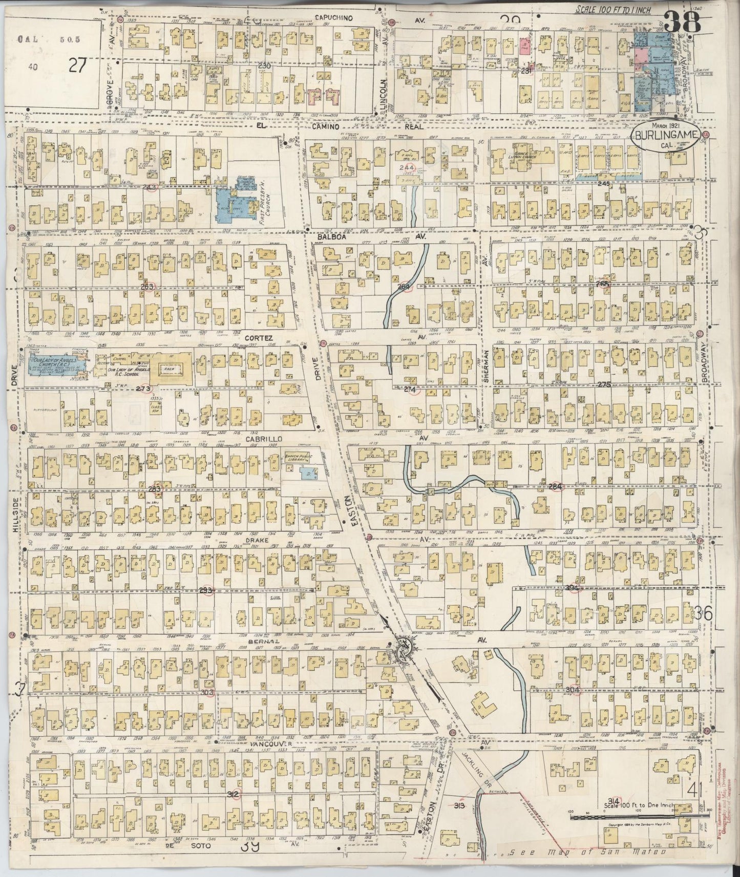 Sanborn Fire Insurance Map from Burlingame, San Mateo County, California (1949), Sheet #0038 - Historic Sanborn Fire Insurance Map Print, vintage old map wall art, antique decor, genealogy gift, California California map