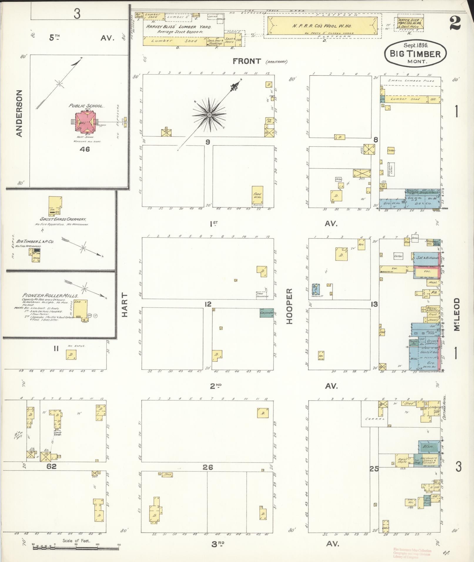 Sanborn Fire Insurance Map from Big Timber, Sweet Grass County, Montana (1896), Sheet #0002 - Complete Map Set gallery image, historic Sanborn map, vintage wall art, Montana Montana