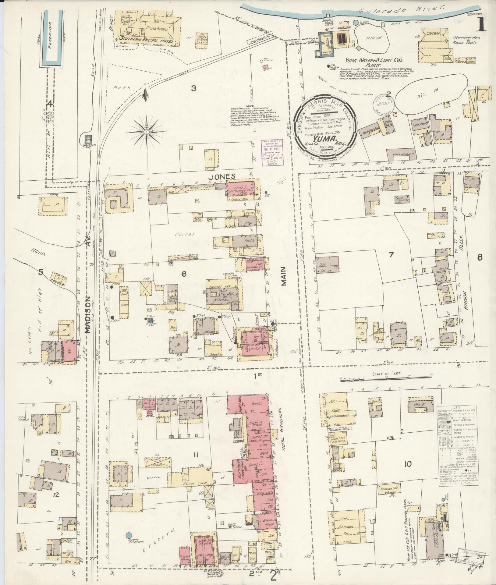 Sanborn Fire Insurance Map from Yuma, Yuma County, Arizona (1901), Sheet #0001 - Historic Sanborn Fire Insurance Map Print, vintage old map wall art, antique decor, genealogy gift, Arizona Arizona map