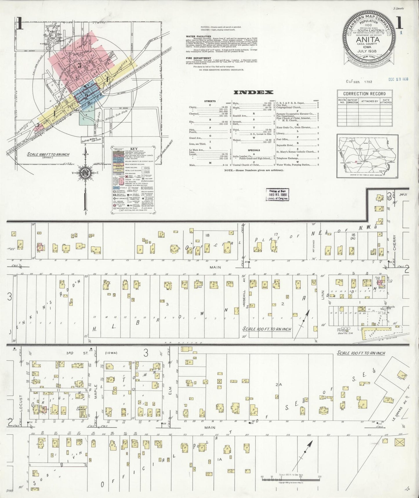 Sanborn Fire Insurance Map from Anita, Cass County, Iowa (1938), Sheet #0001 - Historic Sanborn Fire Insurance Map Print