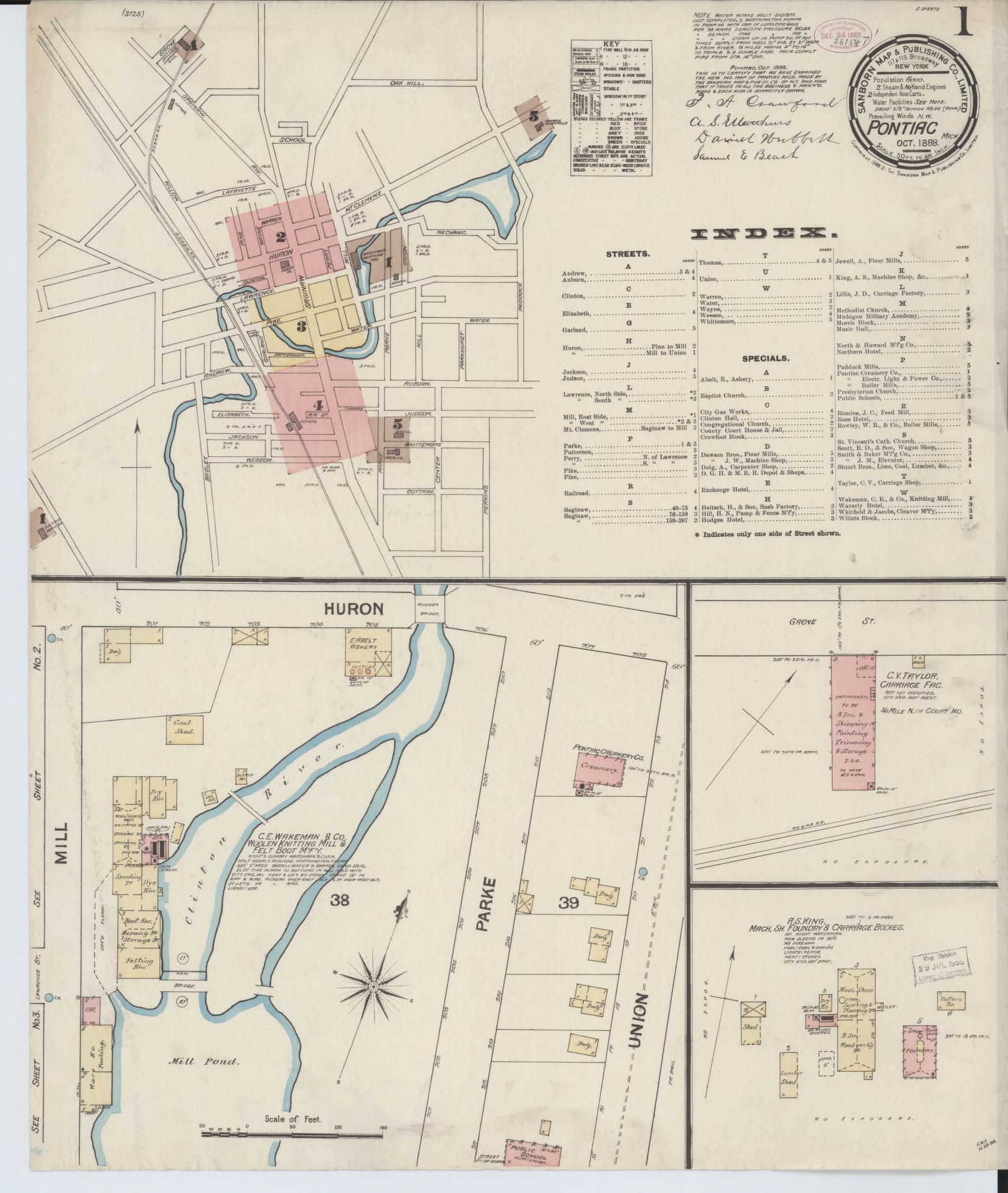 Sanborn Fire Insurance Map from Pontiac, Oakland County, Michigan (1888), Sheet #0001 - Complete Map Set gallery image, historic Sanborn map, vintage wall art, Michigan Michigan