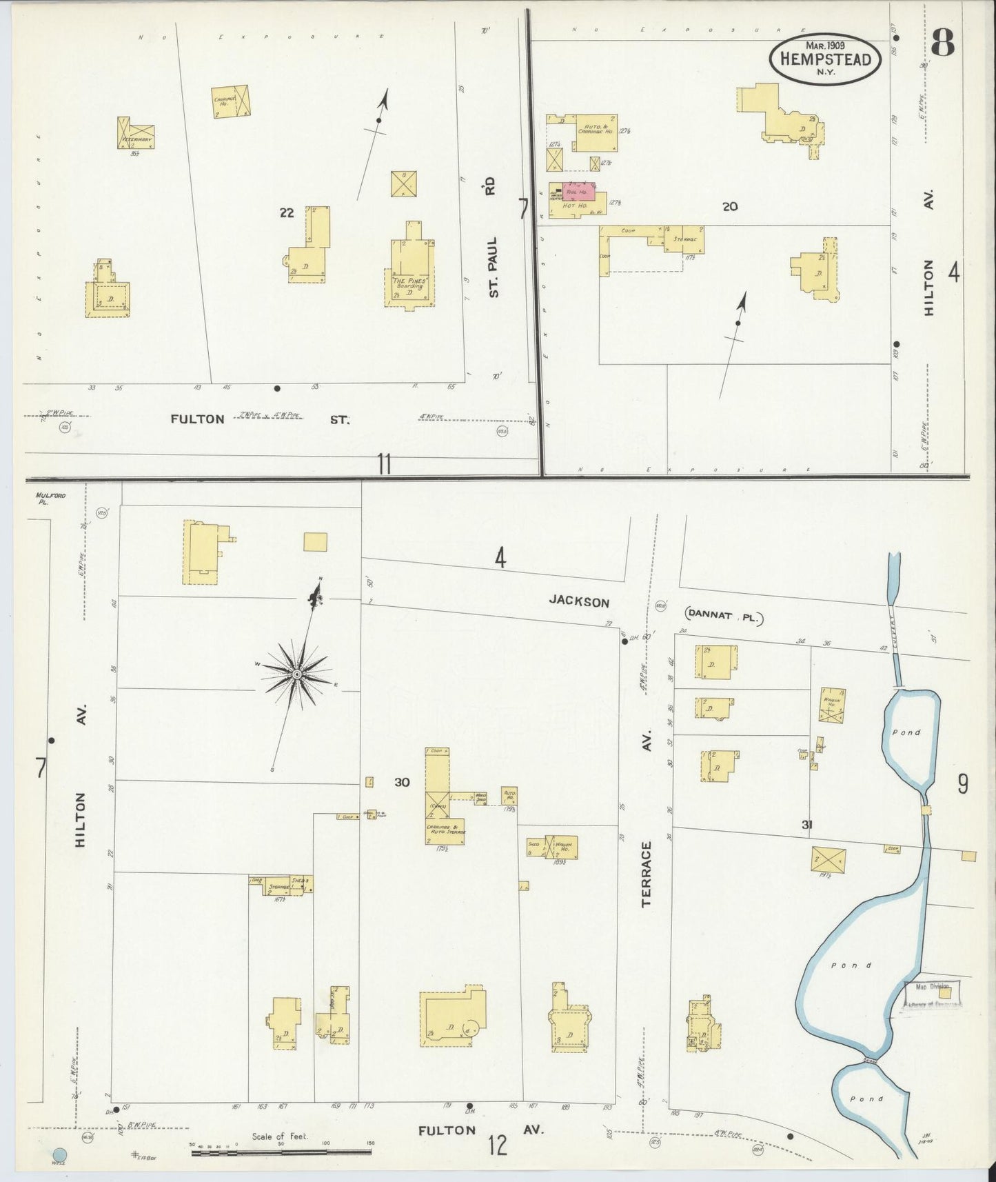 Sanborn Fire Insurance Map from Hempstead, Nassau County, New York (1909), Sheet #0008 - Historic Sanborn Fire Insurance Map Print, vintage old map wall art, antique decor, genealogy gift, New York New York map