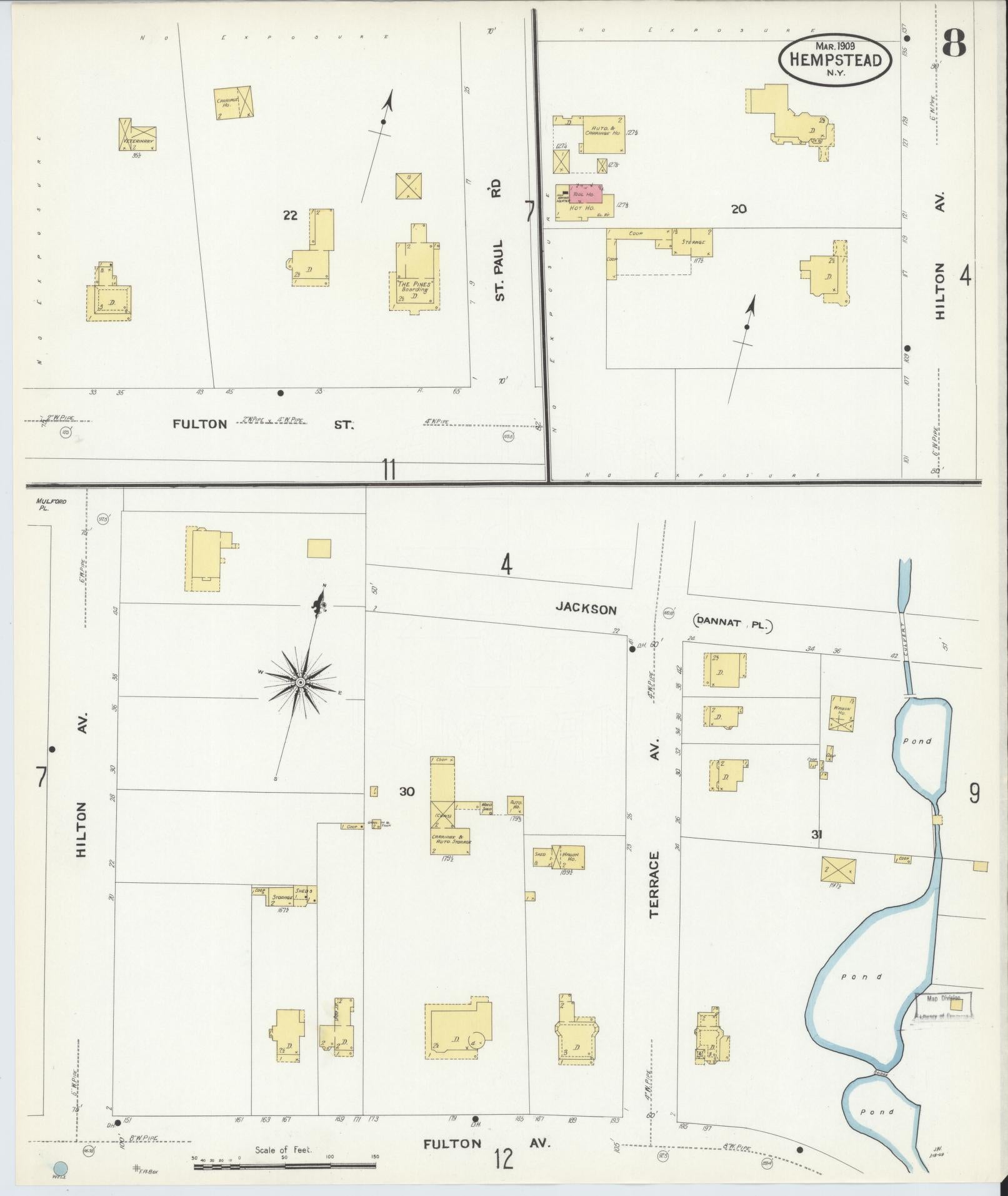 Sanborn Fire Insurance Map from Hempstead, Nassau County, New York (1909), Sheet #0008 - Historic Sanborn Fire Insurance Map Print, vintage old map wall art, antique decor, genealogy gift, New York New York map