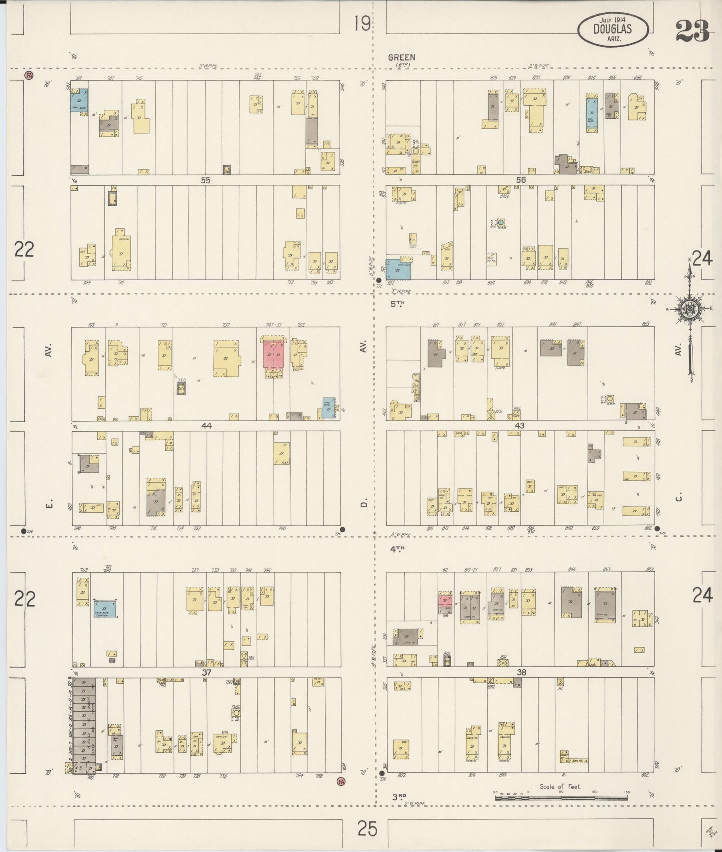 Sanborn Fire Insurance Map from Douglas, Cochise County, Arizona (1914), Sheet #0023 - Complete Map Set gallery image, historic Sanborn map, vintage wall art, Arizona Arizona